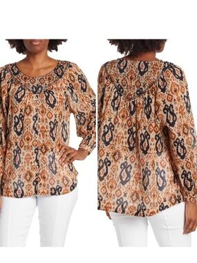 beachlunchlounge Penelope Voile Blouse brown black Grecian Tapestry L EUC